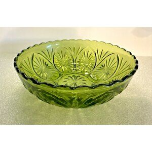 Vintage Anchor Hocking Serving Bowl 8" Green Starburst Medallion Scalloped Rim